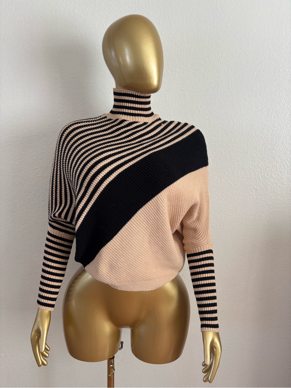 Striped Diagonal Colorblock Turtleneck Sweater in Blush and Black